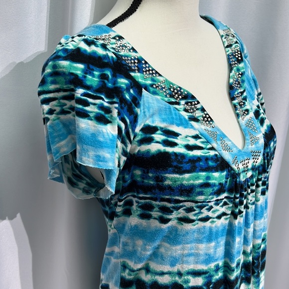 AB Studio Blue, Aqua, Green, Black and White Flutter Sleeve Top - size Small - Picture 4 of 11